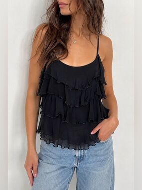 Sean Collection 100% Silk Black Ruffle Cami Top Beaded Trim Y2K Size M